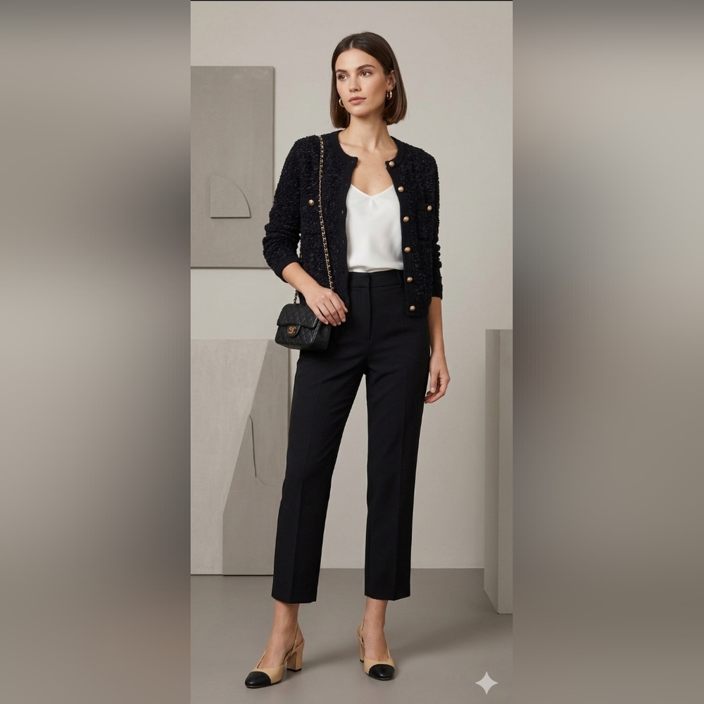 EsQualo Black Bouclé Cropped Jacket | Chanel-Style Textured Blazer Gold Buttons